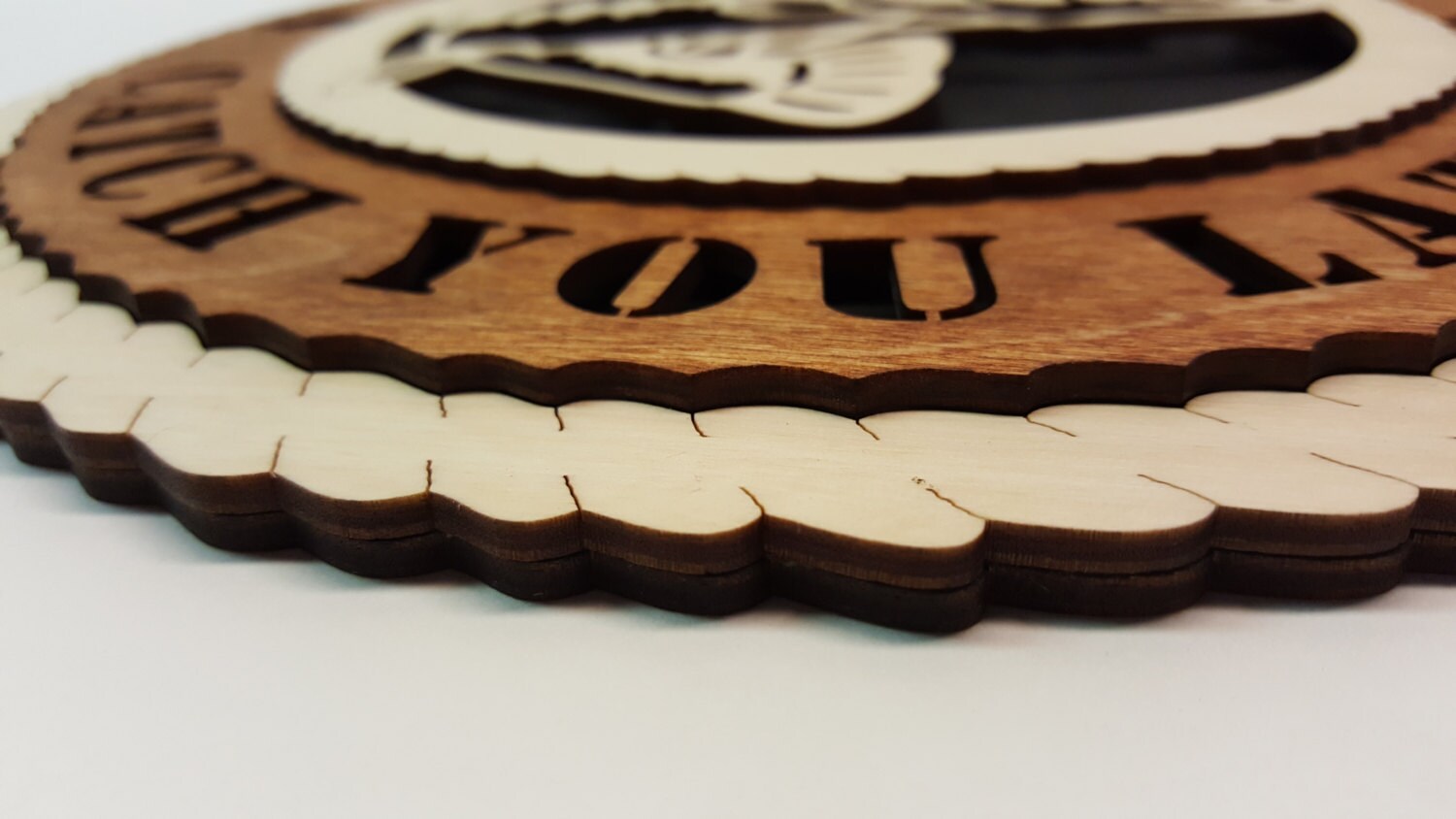 Gone Fishin, Catch You Later- Laser Cut, 3D Decorative Tribute made of solid birch, 11.5" round, wall hanging or desktop display
