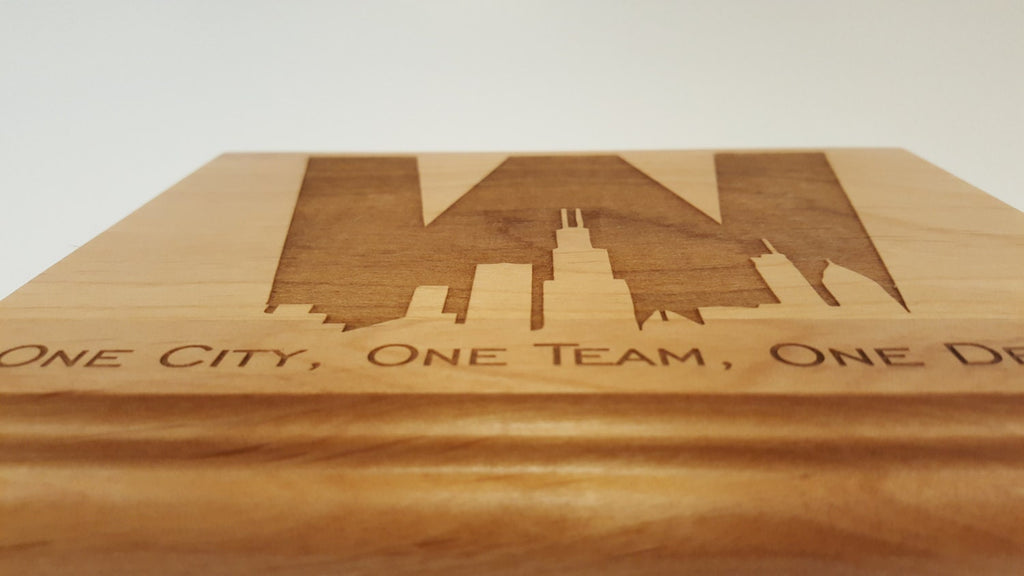 Chicago Cubs W with skyline Engraved Wood Plaque, 8" X 10"