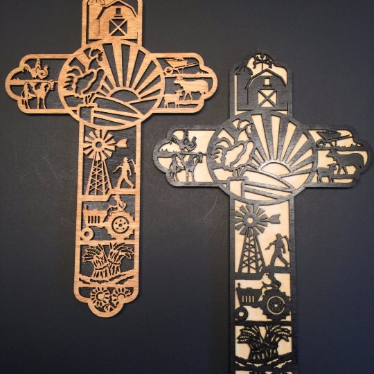 Small Farm Themed Wooden Cross Wall Decor- Laser Cut Birch Wood