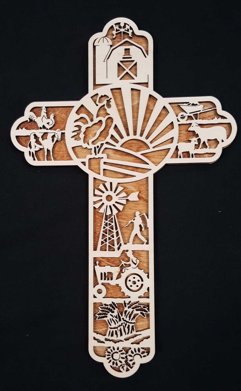 Small Farm Themed Wooden Cross Wall Decor- Laser Cut Birch Wood