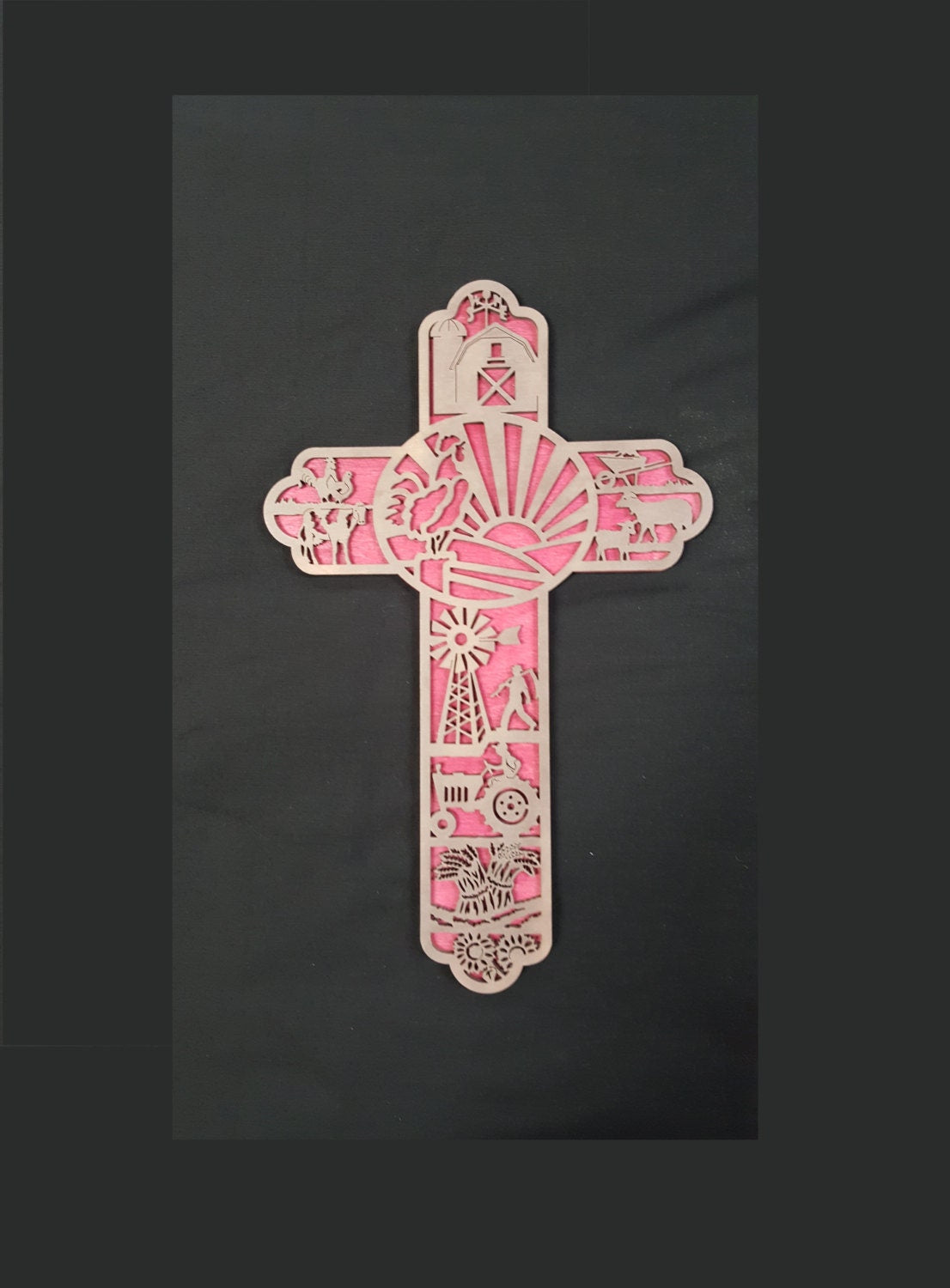 Small Farm Themed Wooden Cross Wall Decor- Laser Cut Birch Wood