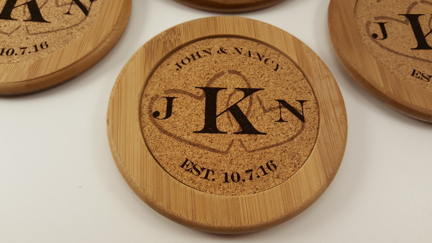 Custom Wedding Wood Coaster Set- Laser Engraved with Cork Center and Stainless Steel Stacking Stand