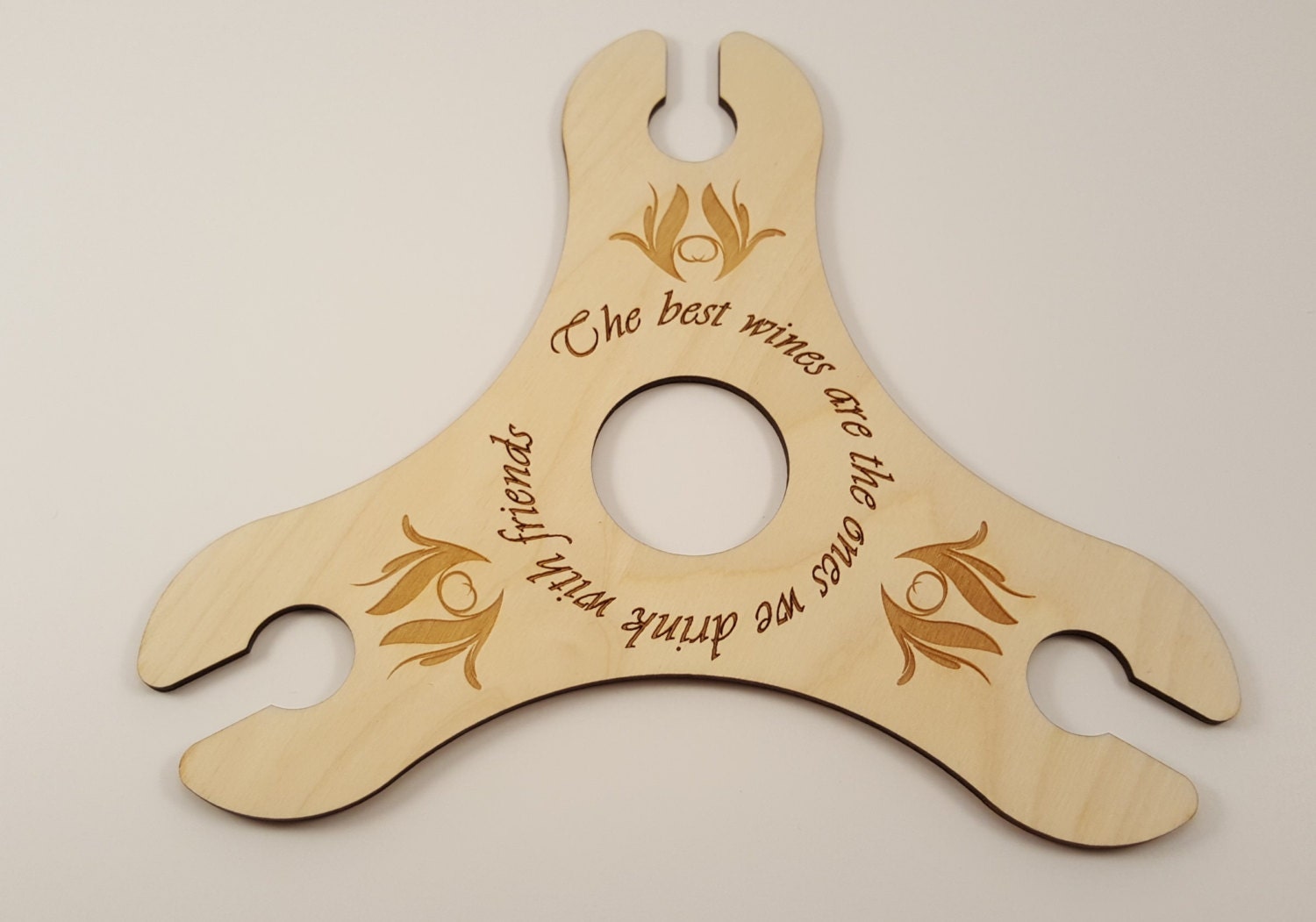 Wood Wine Butler- Wine Accessories, Laser Cut, Holds 3 glasses on bottle neck