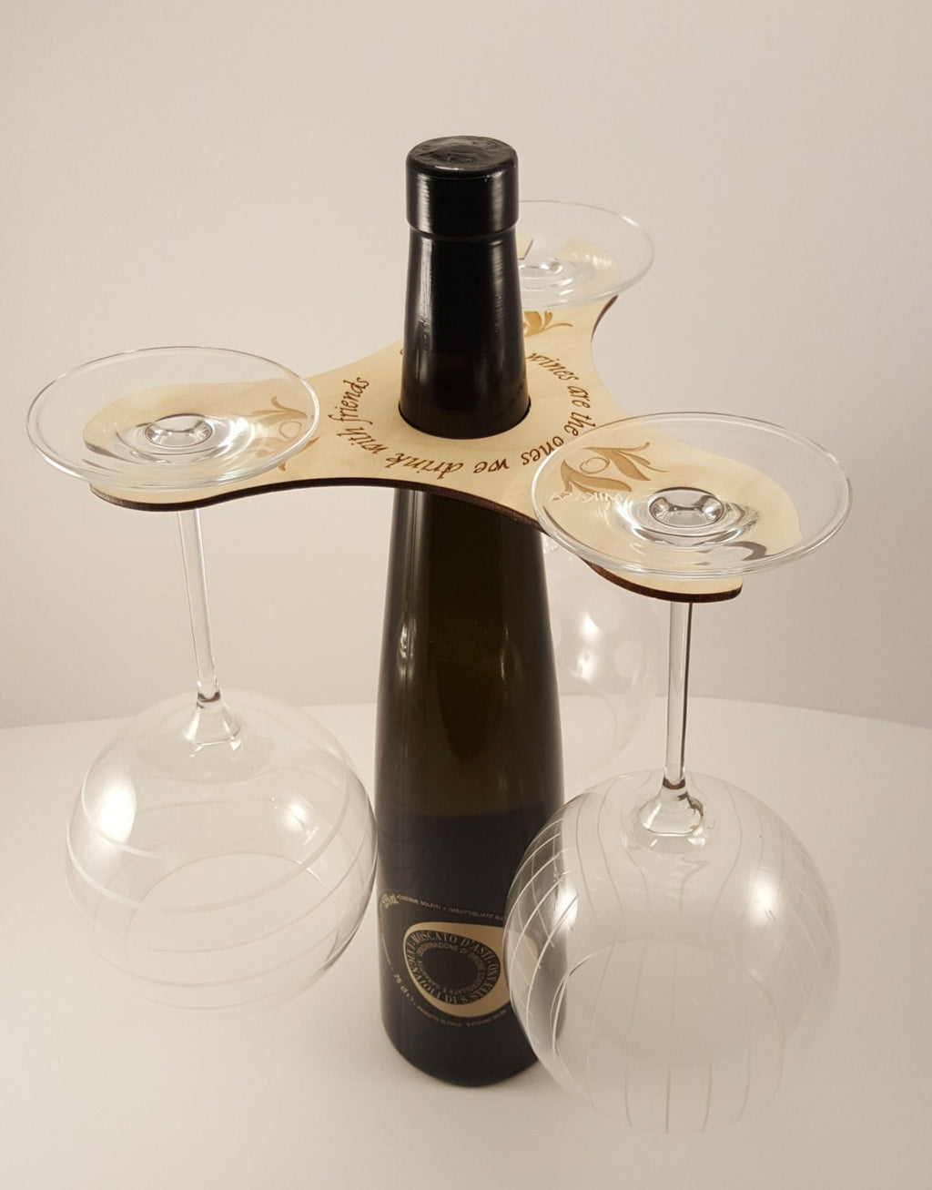 Wood Wine Butler- Wine Accessories, Laser Cut, Holds 3 glasses on bottle neck