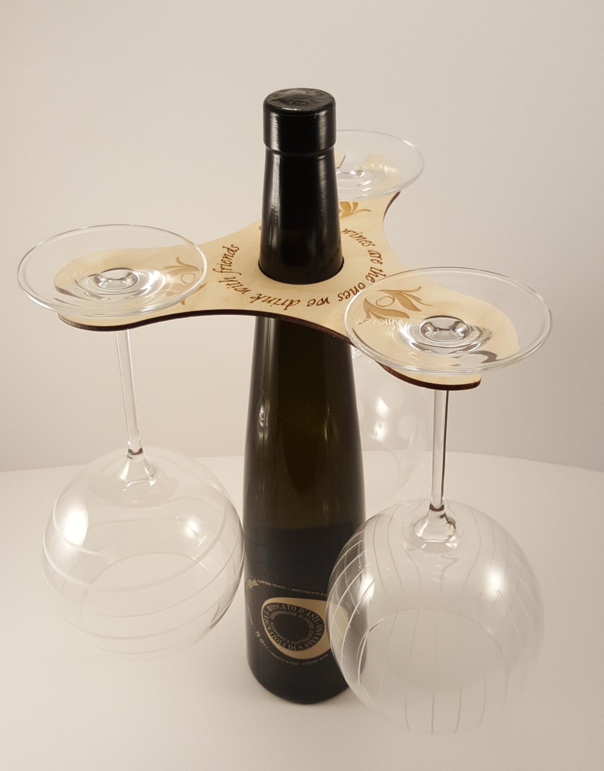 Wood Wine Butler- Wine Accessories, Laser Cut, Holds 3 glasses on bottle neck