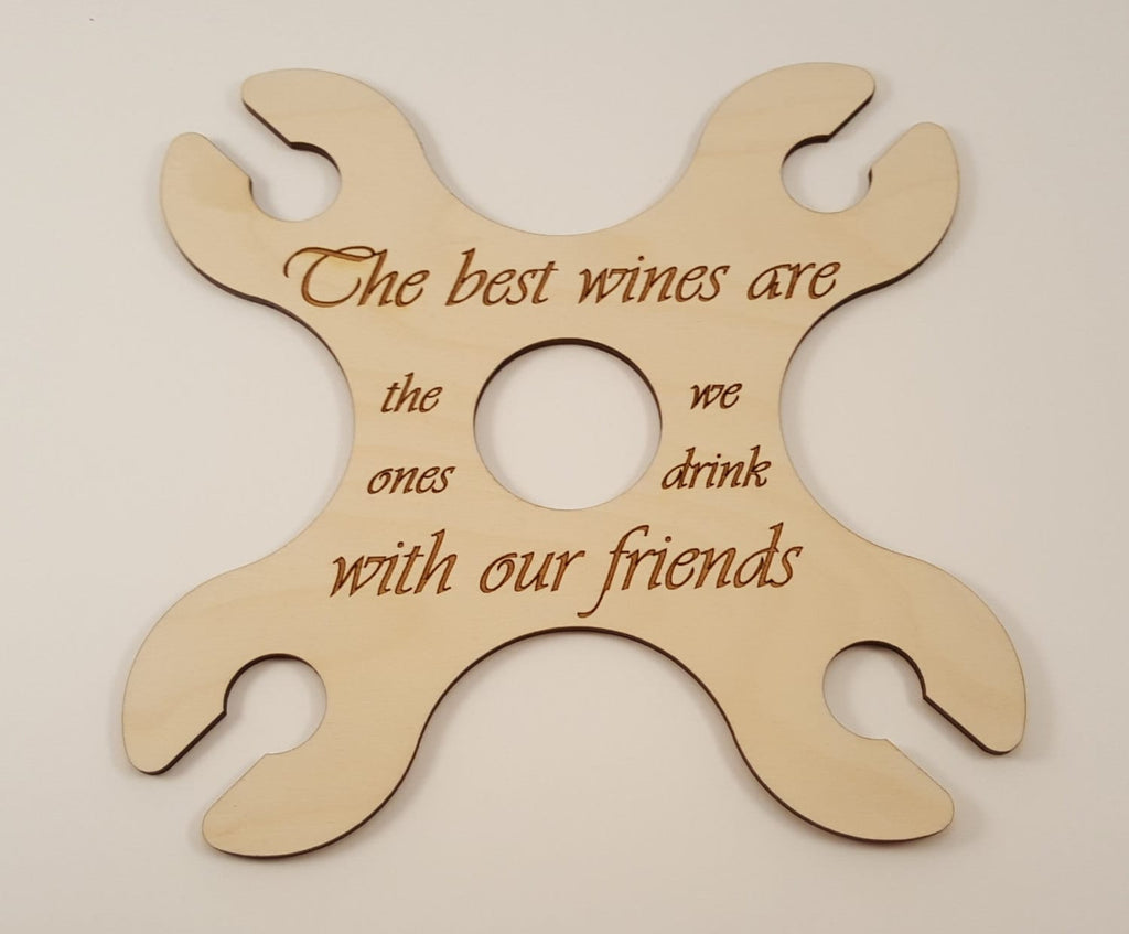 Wood Wine Butler- Wine Accessories, Laser Cut, Holds 4 glasses on bottle neck