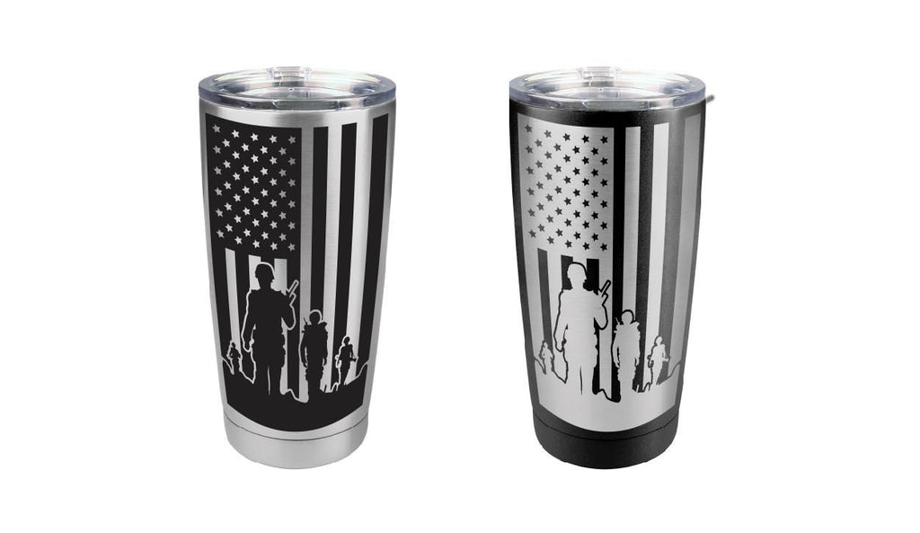 American Flag Tumbler,  Soldiers and Flag, Military Tumbler, Stainless Steel, 20 oz, Custom Engraved, Patriotic Tumbler, USA