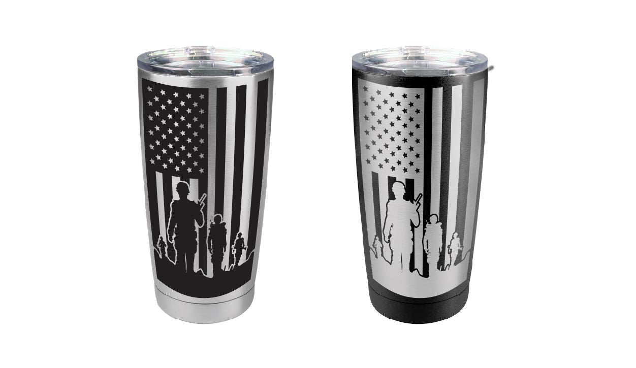 American Flag Tumbler,  Soldiers and Flag, Military Tumbler, Stainless Steel, 20 oz, Custom Engraved, Patriotic Tumbler, USA