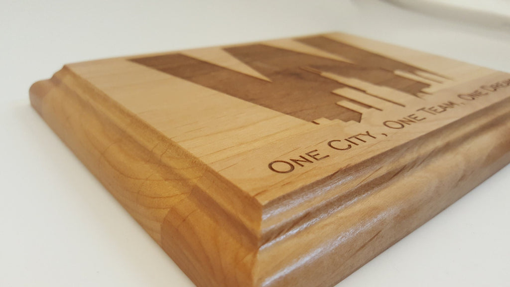 Chicago Cubs W with skyline Engraved Wood Plaque, 9" X 12"