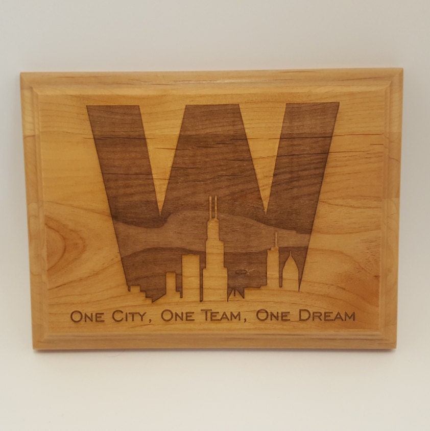 Chicago Cubs W with skyline Engraved Wood Plaque, 8" X 10"