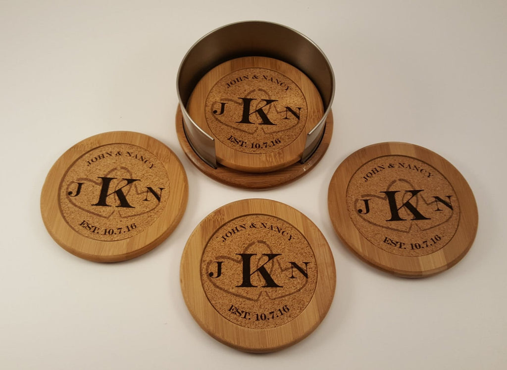 Custom Wedding Wood Coaster Set- Laser Engraved with Cork Center and Stainless Steel Stacking Stand