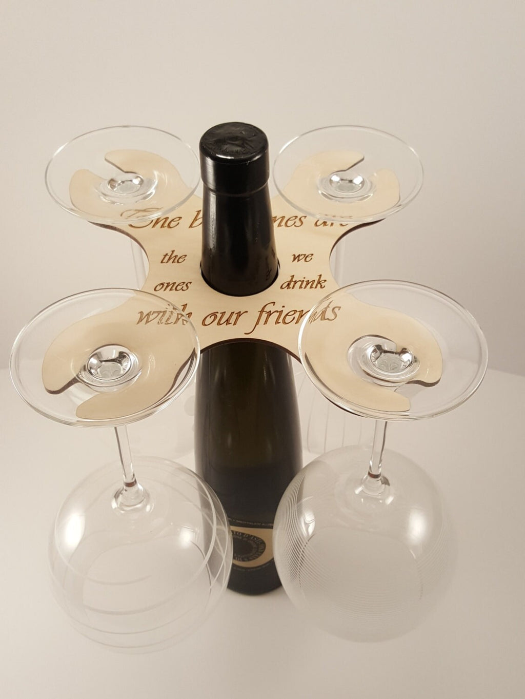 Wood Wine Butler- Wine Accessories, Laser Cut, Holds 4 glasses on bottle neck