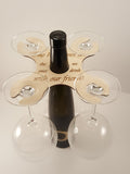 Wood Wine Butler- Wine Accessories, Laser Cut, Holds 4 glasses on bottle neck