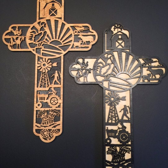Large Farm Themed Wooden Cross Wall Decor- Laser Cut Birch Wood