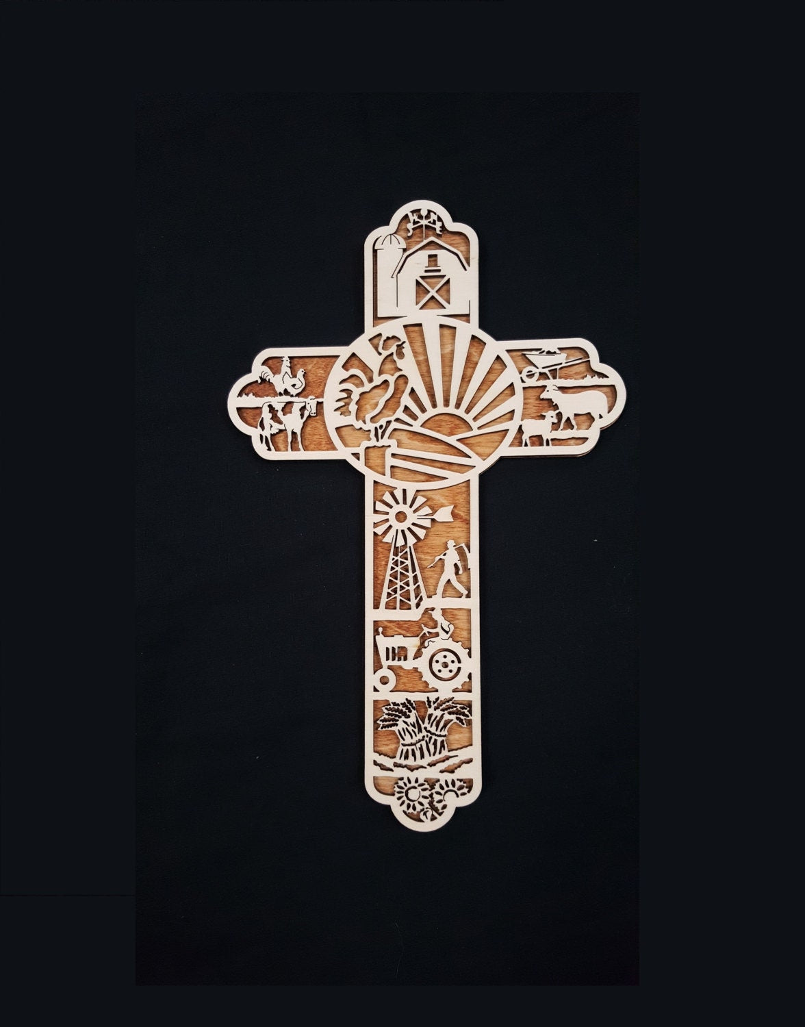 Small Farm Themed Wooden Cross Wall Decor- Laser Cut Birch Wood