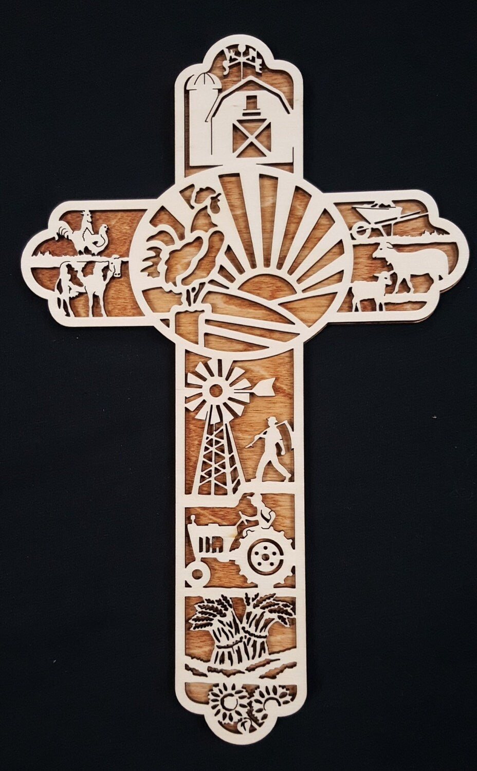 Small Farm Themed Wooden Cross Wall Decor- Laser Cut Birch Wood