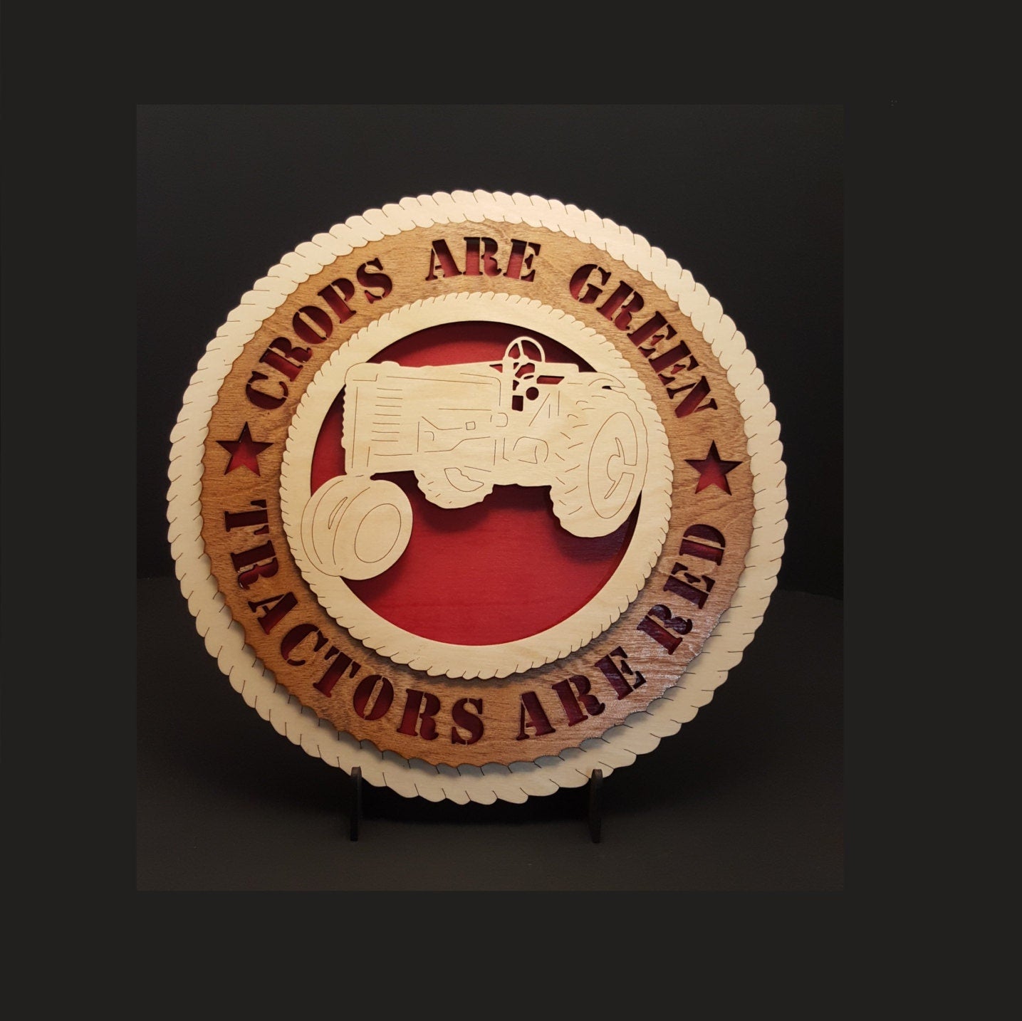 Crops Are Green, Tractors Are Red- Red Tractors, 3D Decorative Tribute made of solid birch, 11.5" round, wall hanging or desktop display