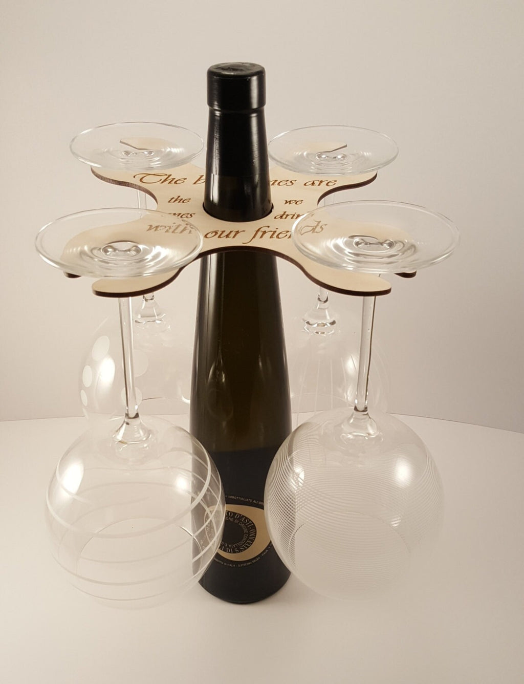 Wood Wine Butler- Wine Accessories, Laser Cut, Holds 4 glasses on bottle neck